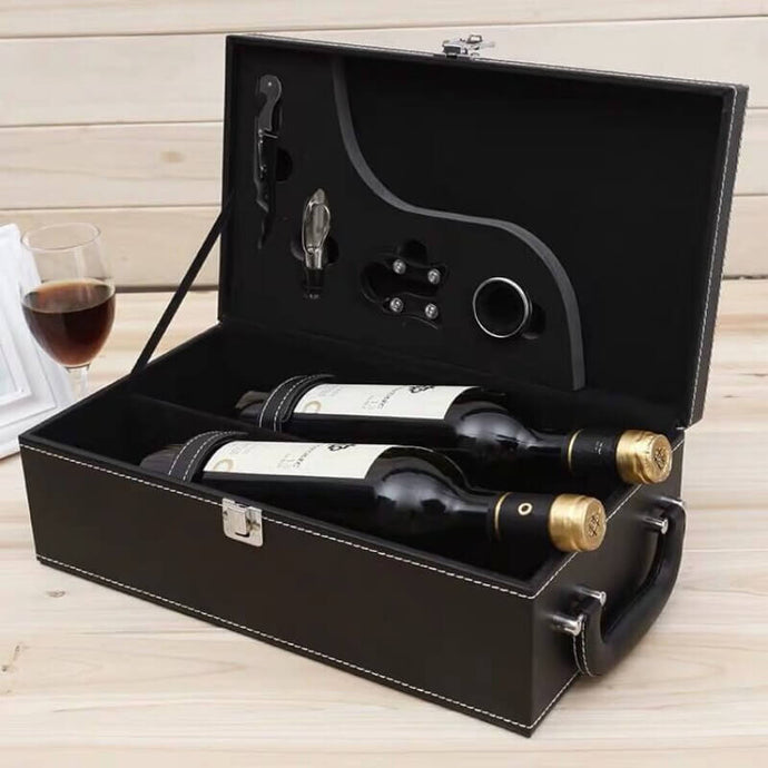 High grade black leather wine box with drinking vessel 4-piece set valentines gift-marginseye.com