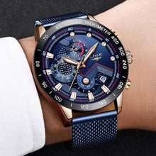 Load image into Gallery viewer, LIGE Blue Casual Mesh Belt Fashion  Gold Watch
