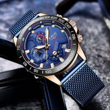 Load image into Gallery viewer, LIGE Blue Casual Mesh Belt Fashion  Gold Watch
