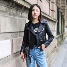 Load image into Gallery viewer, Leather Jacket Women Fashion Bright Colors Black Motorcycle Coat marginseye.com
