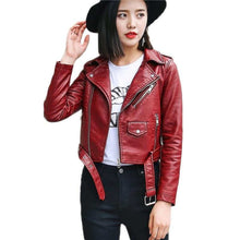 Load image into Gallery viewer, Leather Jacket Women Fashion Bright Colors Black Motorcycle Coat marginseye.com
