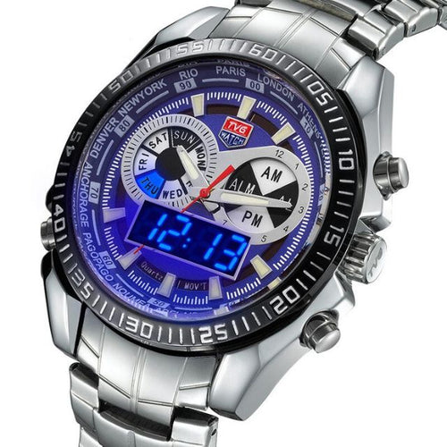 Luxury Brand TVG Stainless Steel Watch Men military LED Waterproof Mens sports Digtal Watches