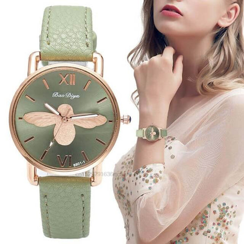 Simple Small Bee Design Women's Green Leather Watches Marginseye.com