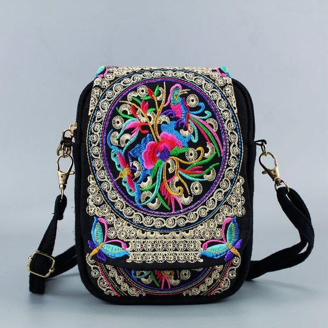 Women Shoulder Bag Travel Pouch Vintage Floral Embroidered Crossbody